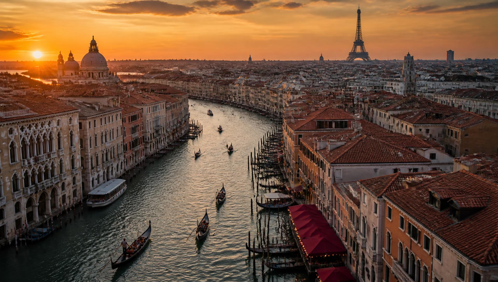 Canal de Venise au coucher du soleil avec Paris à l'horizon