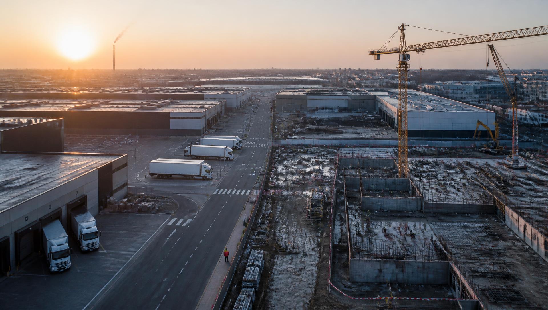 Site logistique et chantier européen au lever du soleil